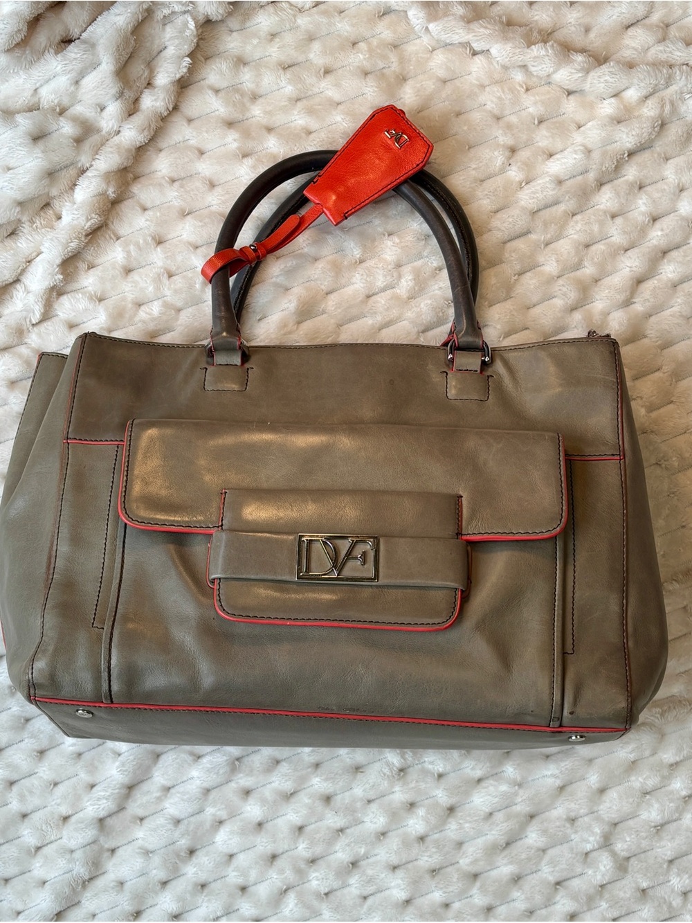 DVF Diane von Furstenberg Gray Taupe Leather Large Tote Red Trim Silver Hardware
